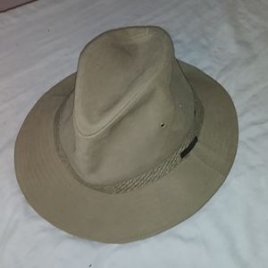 Eddie Bauer tan fedora hat with leather signa band